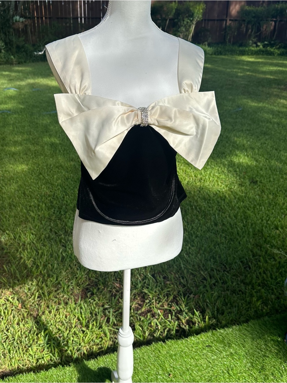 Elegant Black Velvet and Satin Tank with Cream Bow Accent